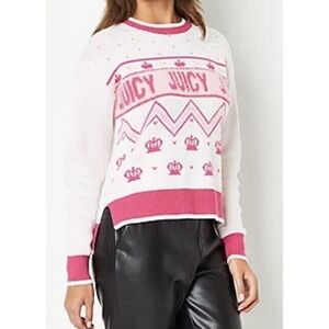 Juicy Couture Knit Sweater Women Large Pink White Fair Isle Logo Retro Crown Y2K